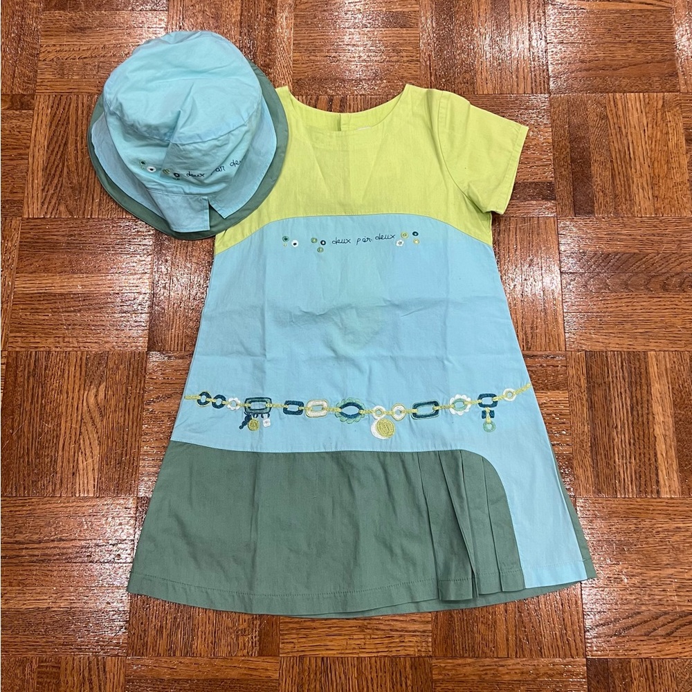 2pc Deux par Deux Yellow and Blue Pleated Sundress Casual with Hat